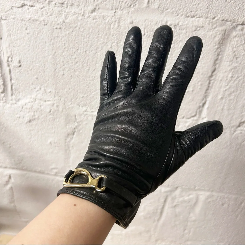 Lauren Ralph Lauren Bridle-Belt Black Leather Gloves with Gold Accents EUC Sz M